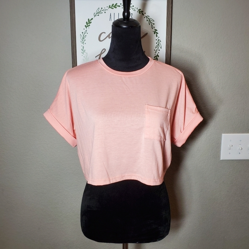 SHEIN Batwing Sleeve Pocket Patched Crop Tee Coral Pink Size Medium NWOT - Picture 4 of 16